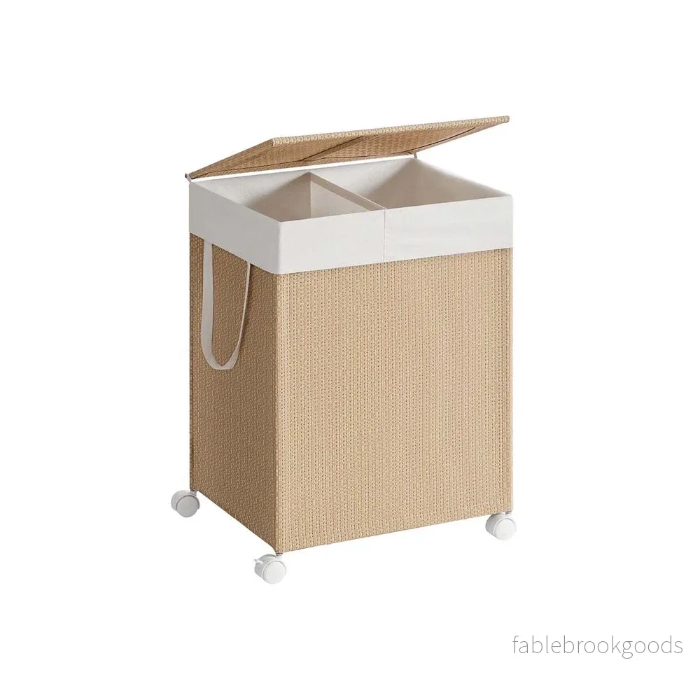 Tvättkorg 100 L med 2 fack och hjul naturligt beige mattvitt Tvättkorg 100 L med 2 fack och hjul naturligt beige mattvitt