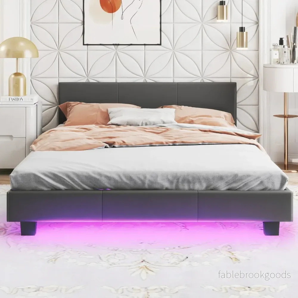 Säng – med LED belysning Polstrad ribbotten – 140 x 200 cm – Grå - Bild 3