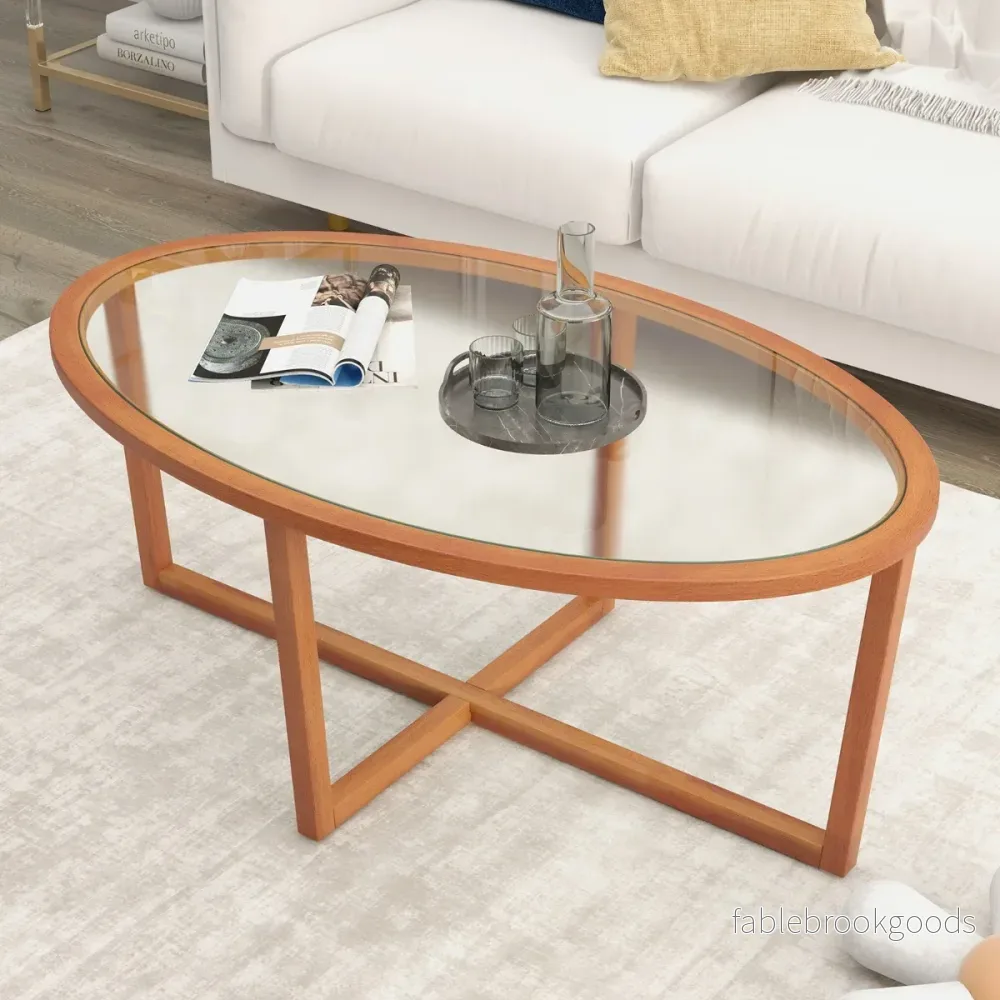 Soffbord – i glas med korsfot och ben av akaciaträ Modernt sidobord i – Brun - Bild 3