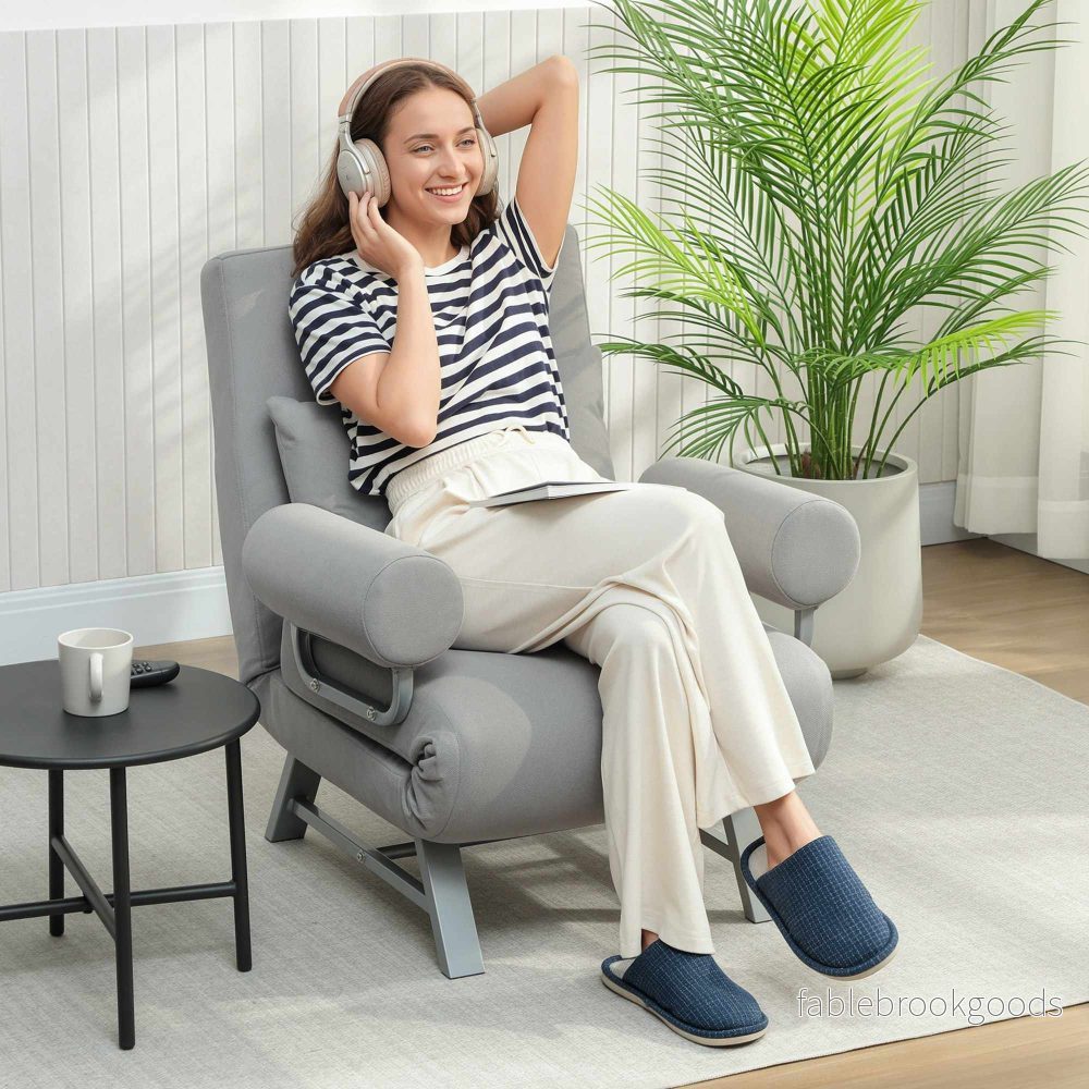 Konvertibel sovfåtölj, ergonomisk, ljusgrått tyg - Bild 2
