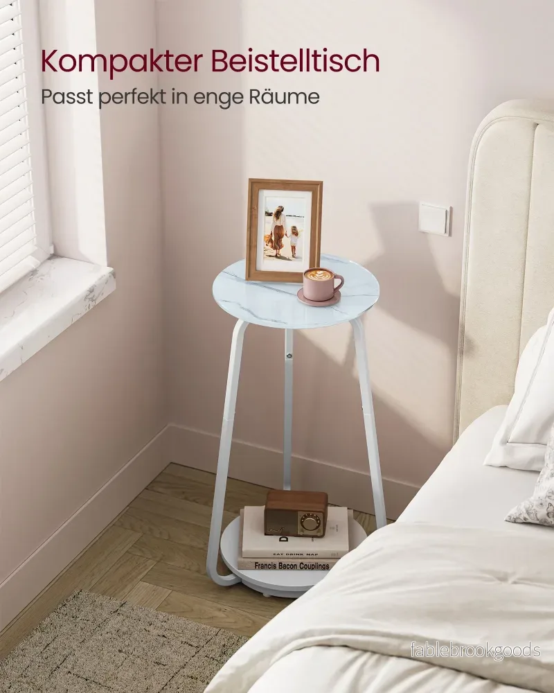 Runt sidobord – 2 nivåer – Glasskiva – Vit marmor - Bild 3