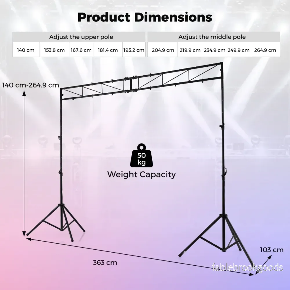 Långt – lightstativ med tvärarm, höjdbart DJ lampstativ – 140-265 cm 360 cm – Svart - Bild 2