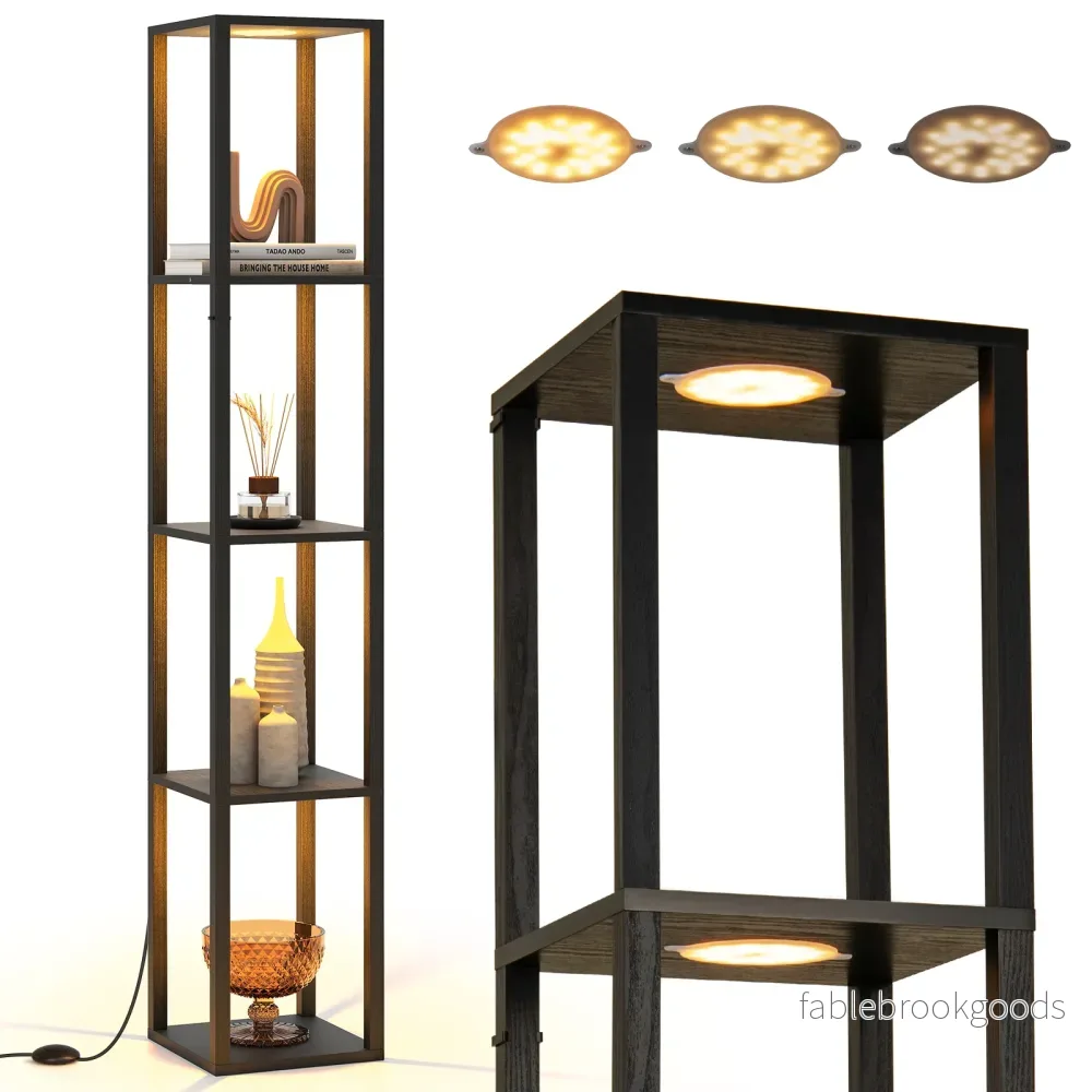 Golvlampa – med hyllor och dimbara LED lampor fotströmbrytare hörnhylla – 162 cm – Svart