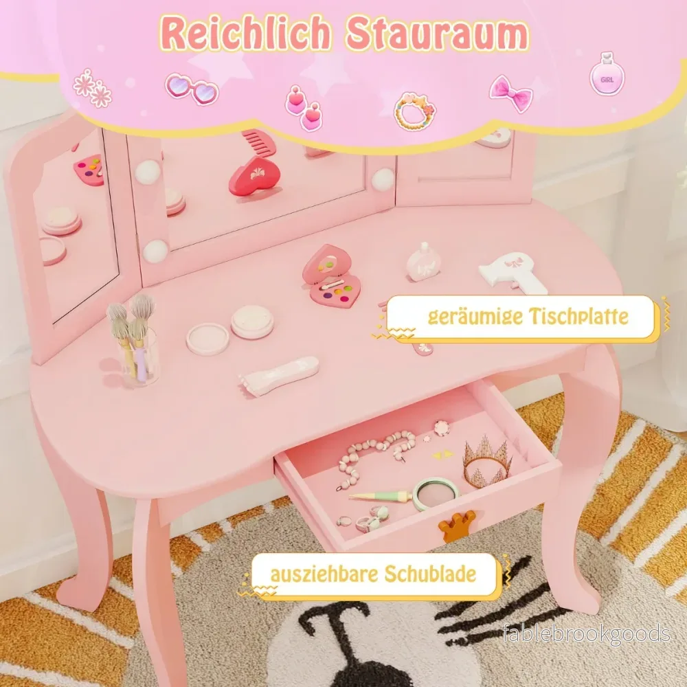 Sminkbord – för barn med belysning tjejer trefaldig spegelrosa – Rosa - Bild 3