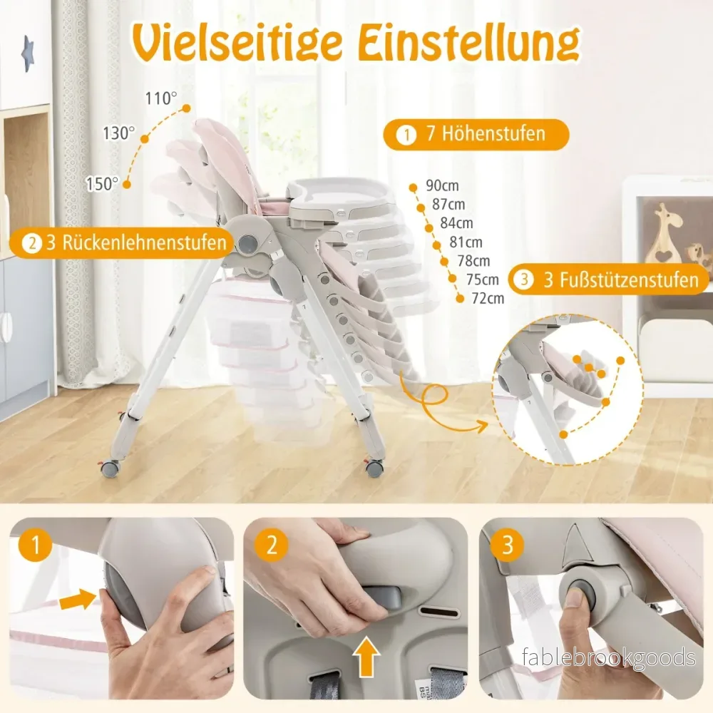 Hopfällbar – barnstol med hjul och justerbar höjd fotstöd ryggstöd Babysits – Rosa - Bild 2