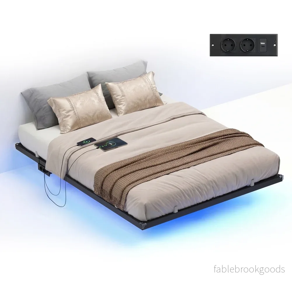 Bedframe - 200 x 140 x 26 cm - zwevend effect - ledverlichting - afneembare stekkerdoos met 2 stopcontacten, 1 USB-C-poort en 2 USB-A-poorten - maximaal draagvermogen 500 kg - inktzwart