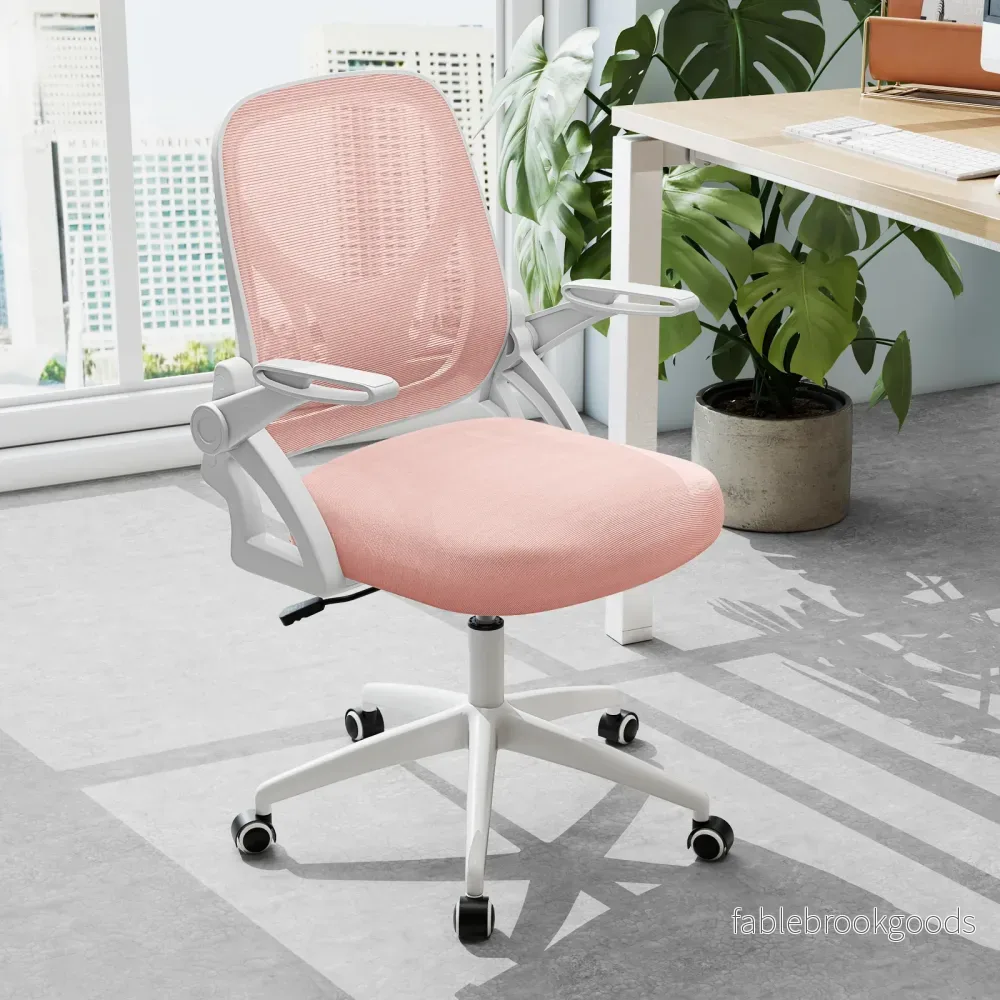 Ergonomisk – kontorsstol med fällbara armstöd och gungfunktion, skrivbordsstol – Rosa - Bild 3