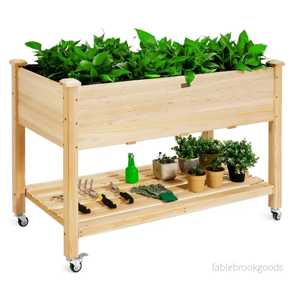 Upphöjd – trädgårdsbädd i trä med låsbara hjul Naturlig – 120 x 59 x 84 cm – Natur