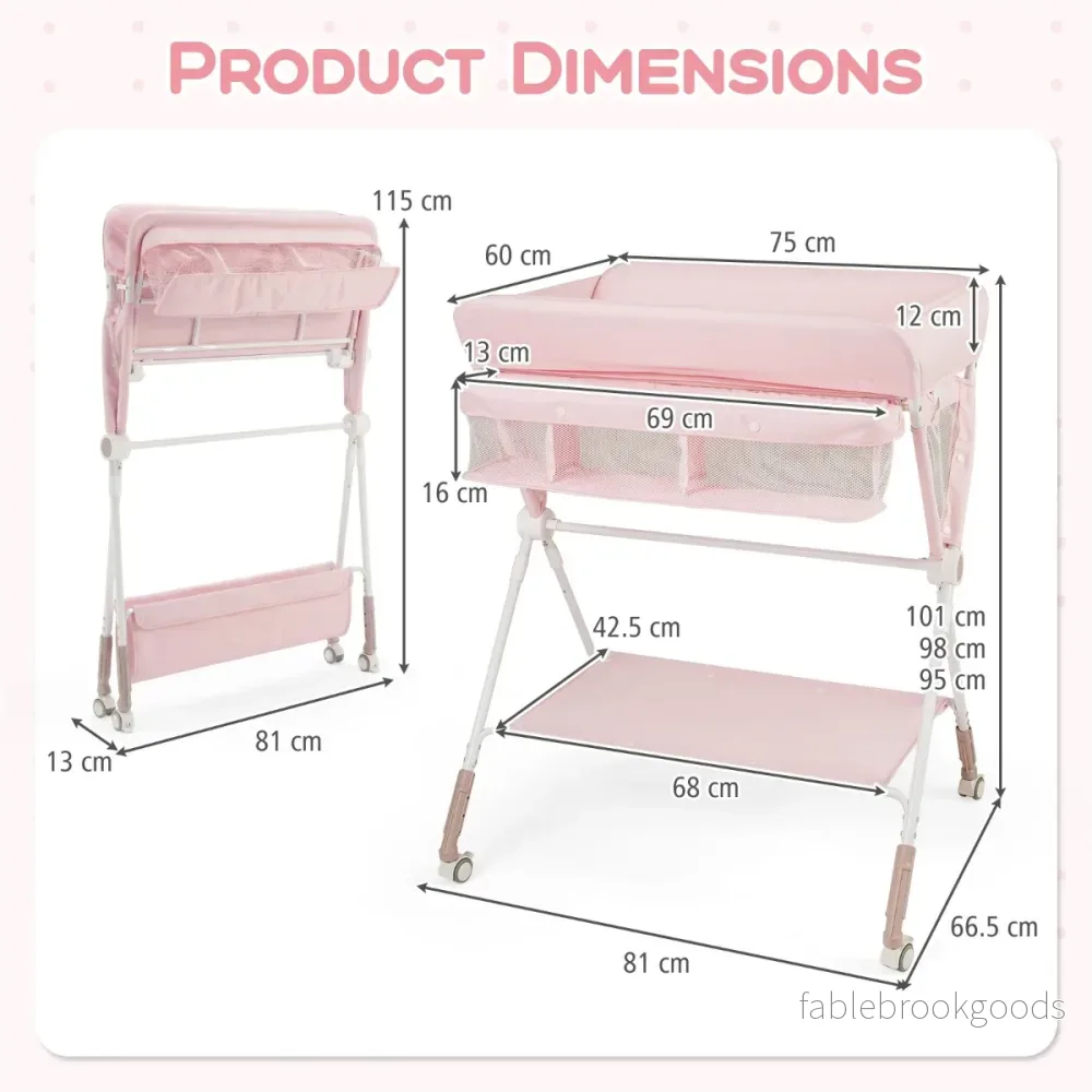 Bärbar – bytbord hopvikbar bytstation med 3‑vägs justerbar höjd och låsbara hjul – Rosa - Bild 2