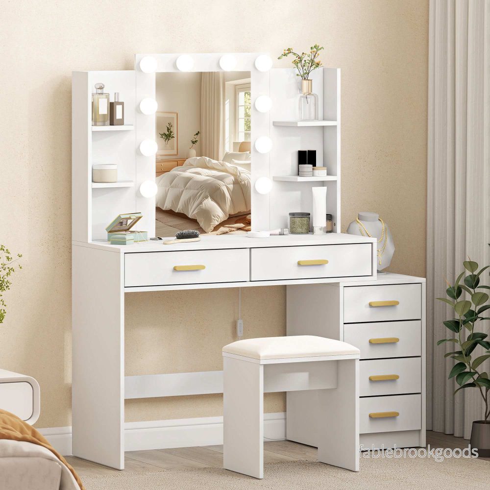 Sminkbord med LED-spegel och stoppad pall, vit - Bild 2