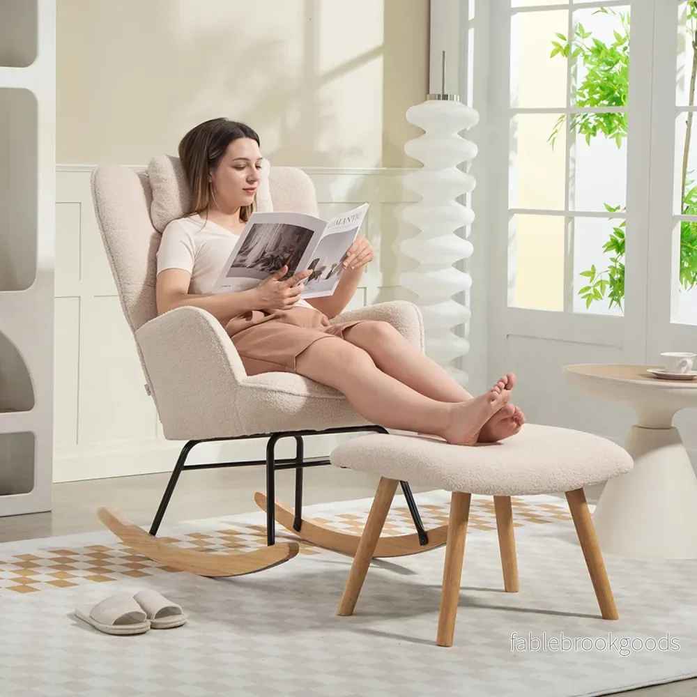 Gungstol med ottomansk, fleeceöverdrag, träben, beige - Bild 2