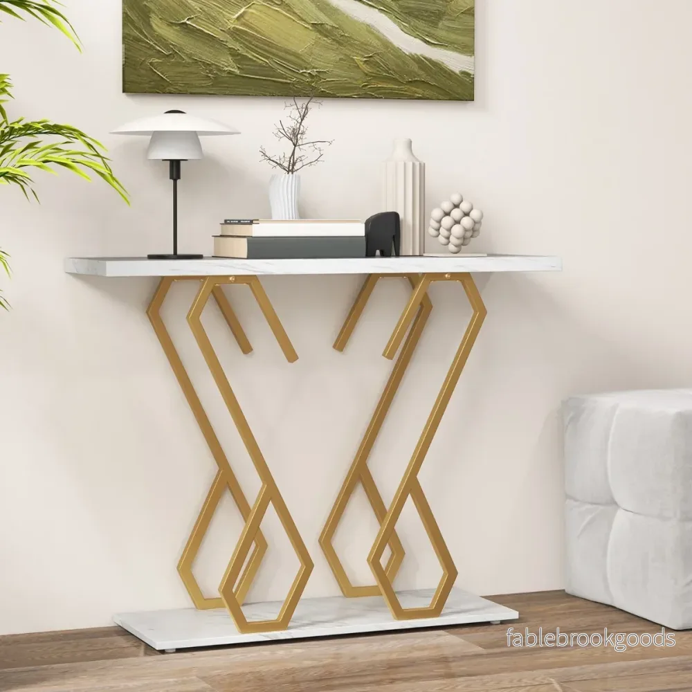 Konsolbord – tillverkat av konstgjord marmor Foajébord med justerbara fotkuddar vitt och – Guld - Bild 2