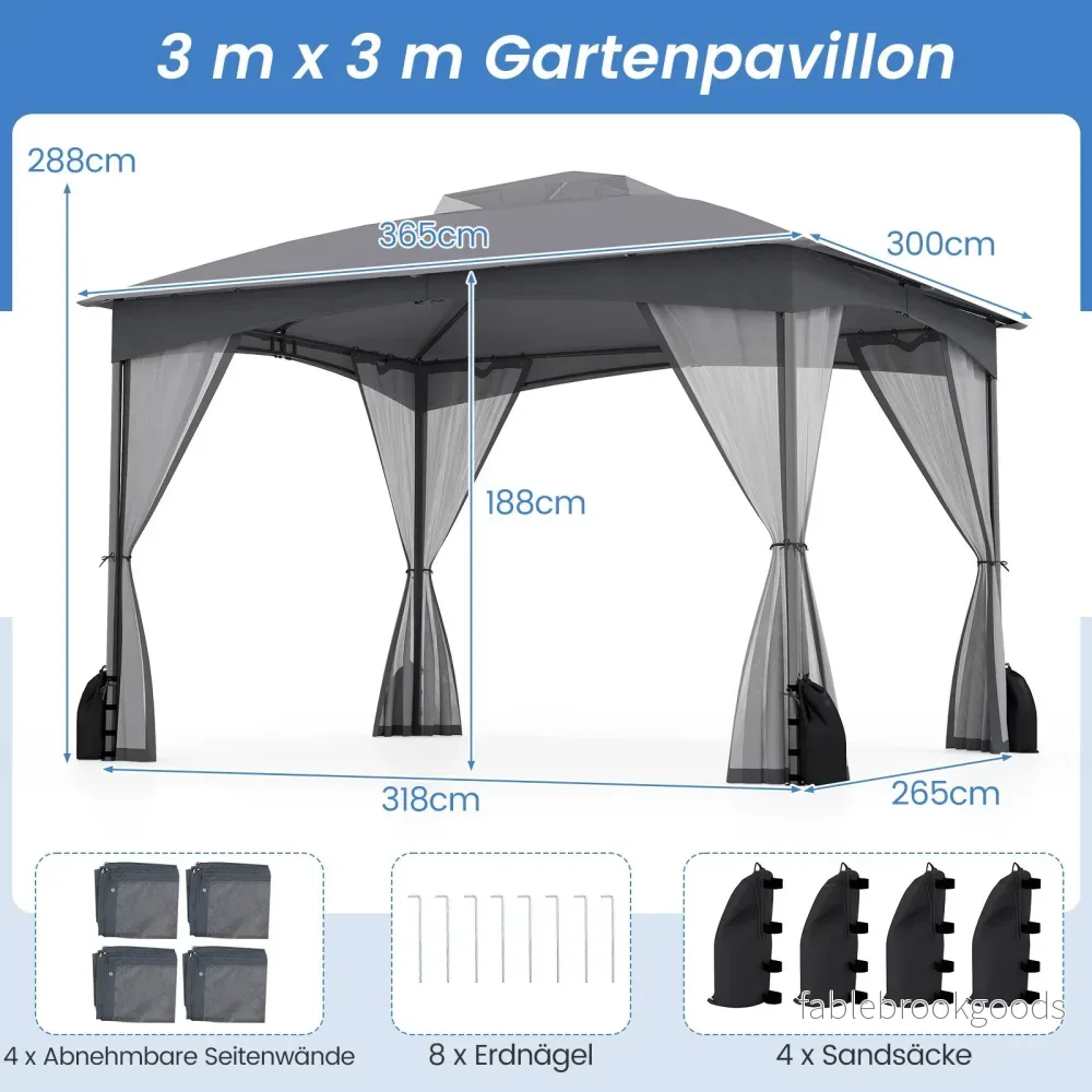 Paviljong – med sandpåsar och myggnät dubbelt tak Vattentätt Stabilt Vintersäkert – 3 x 3,6 m 4 4 – Grå - Bild 2