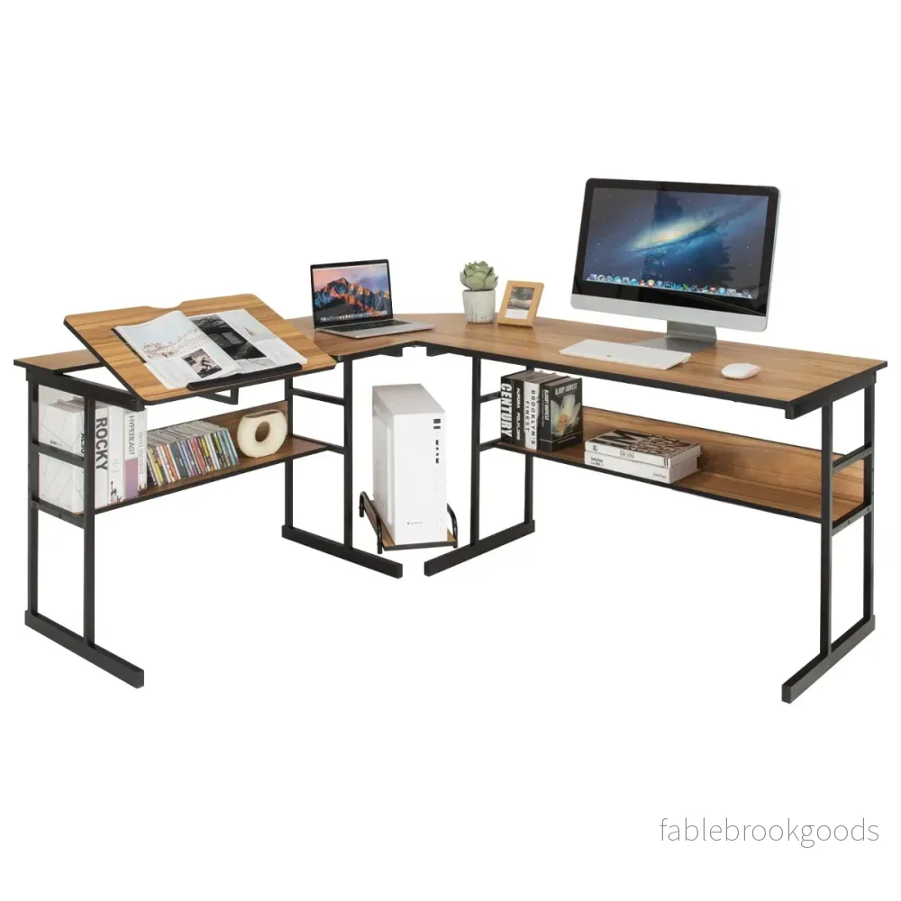 L – format skrivbord med tippbar bordsskiva nedre bokhylla och CPU stativ ritbord datorbord – 170 x 150 x 75 cm – Valnöt