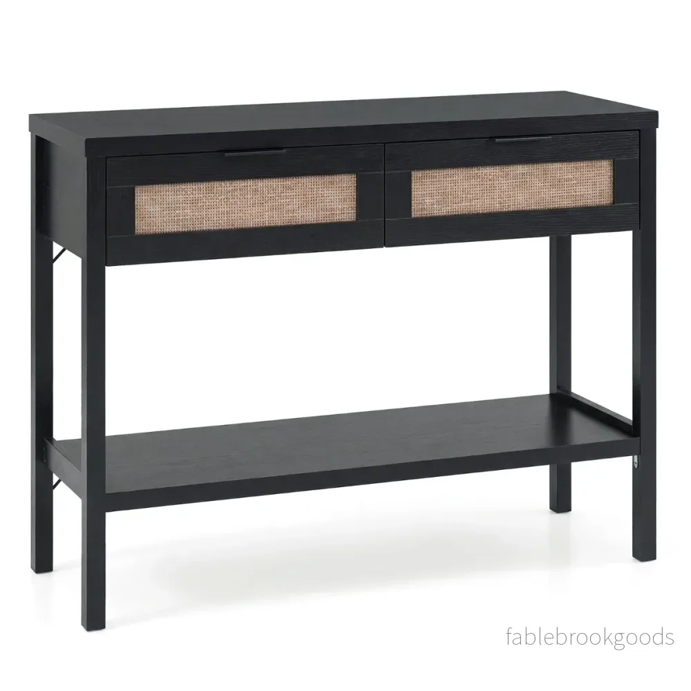 Konsolbord – Sidobord med Öppen Hylla och Lådor Soffbord Rattanoptik – 2 – Svart