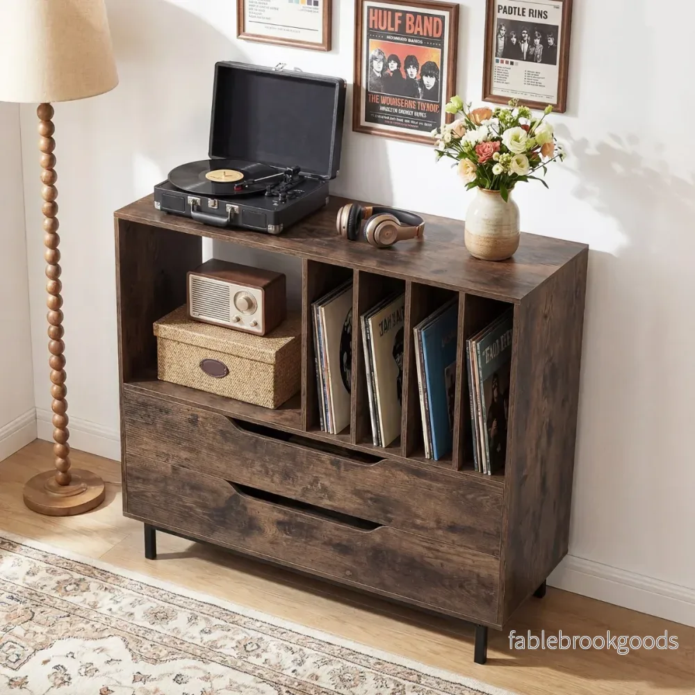 Skivspelare – med vinylfack och lådor Retro vinylhållare – 4 2 – Rustik brun - Bild 3