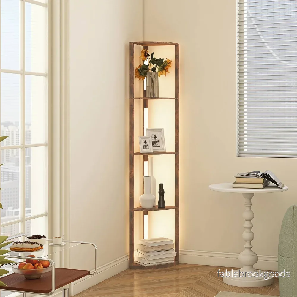 LED-golvlampa med hyllor, rustik brun, fotpedal, dimbar - Bild 2