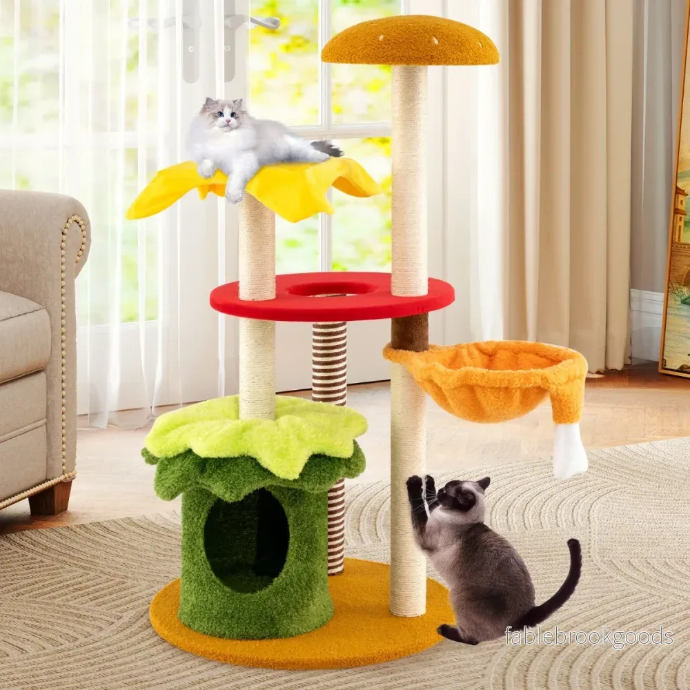 Kattträd – flertrappat klättertorn med hängande korg, vadderad sittplats, sisal klösträknar, klösträd – 117 cm – Orange - Bild 3