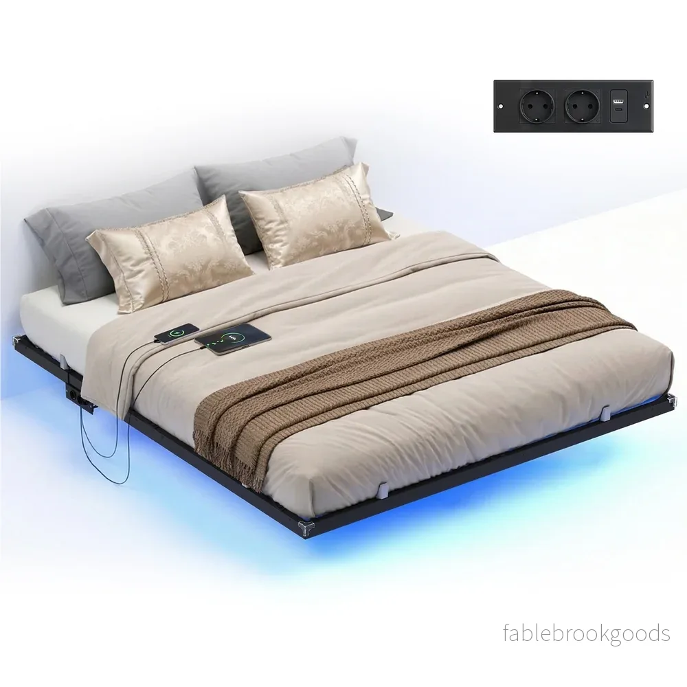 Bedframe - 160 x 200 cm - Zwevend effect - Ledverlichting - Afneembare stekkerdoos met 2 stopcontacten, 1 USB-C-poort en 2 USB-A-poorten - Inktzwart - Draagvermogen tot 500 kg