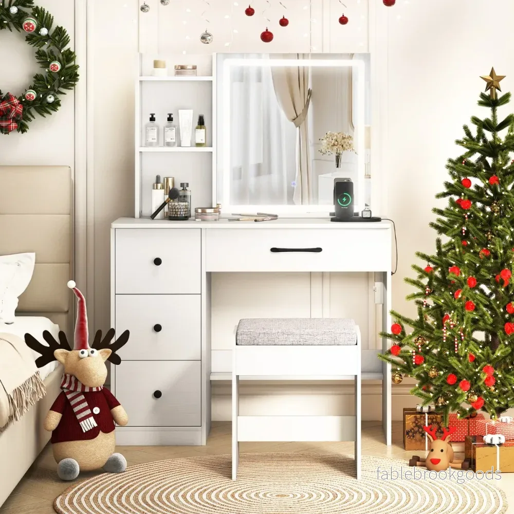 Sminkbord – med LED Skjut Spegel och Pall Låda Eluttag Skönhetsbord – Vit - Bild 3