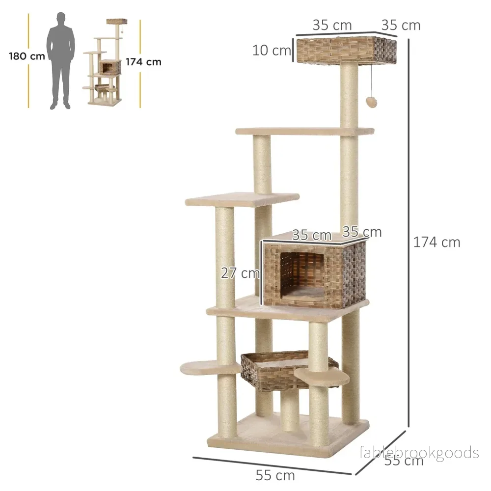 Flerskikts rottingkatt-klätterträd med grotta, beige/brun - Bild 3