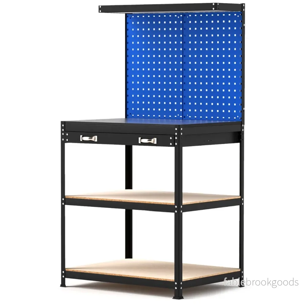 Arbetsbänk – lastkapacitet arbetsbord med perforerad vägg och lådor hyllor – 81 x 41 cm 225 kg – Blå - Bild 2