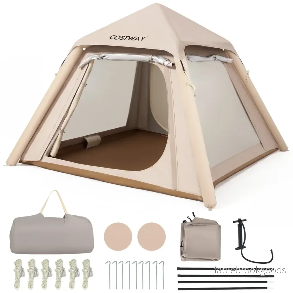 Uppblåsbart – Campingtält för Personer Lufttält med Avtagbart Förtält Nätfönster och Dörrar – 2-4 2 – Khaki