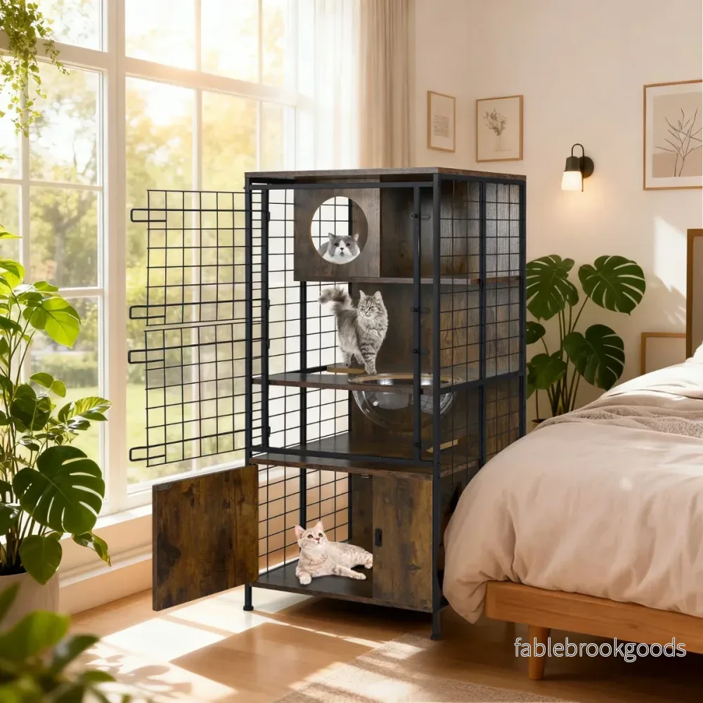 Modern – kattbur, flervånings kattstall med metallram, kattmatskål, hål – Brun - Bild 3