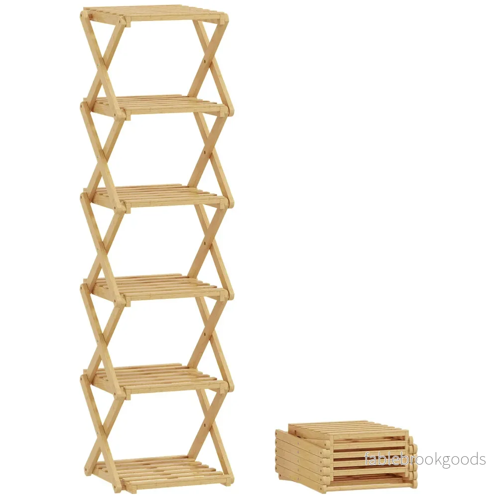 Hopfällbar skohylla i bambu, 6 våningar, rymmer 9 par, 30x29x108 cm