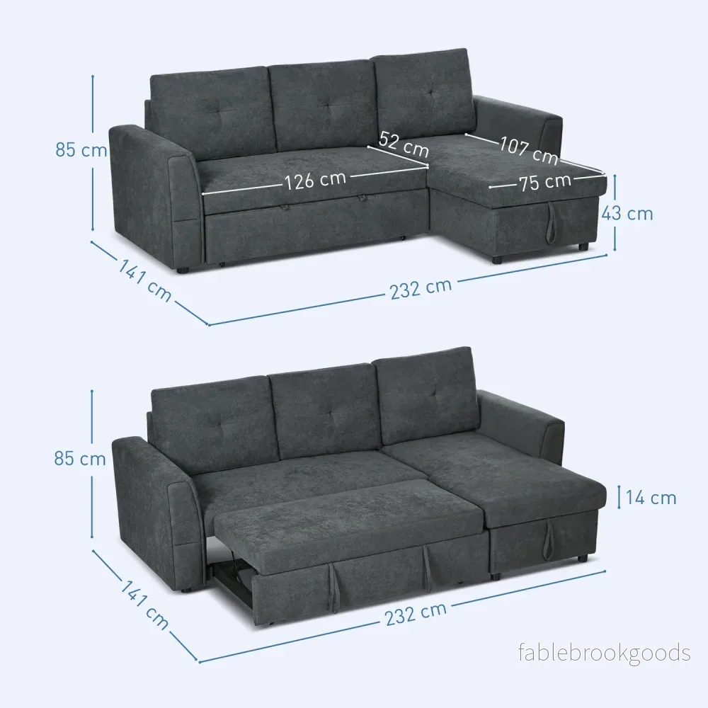 Bäddsoffa med schäslong, 3-sits, mörkgrå - Bild 3
