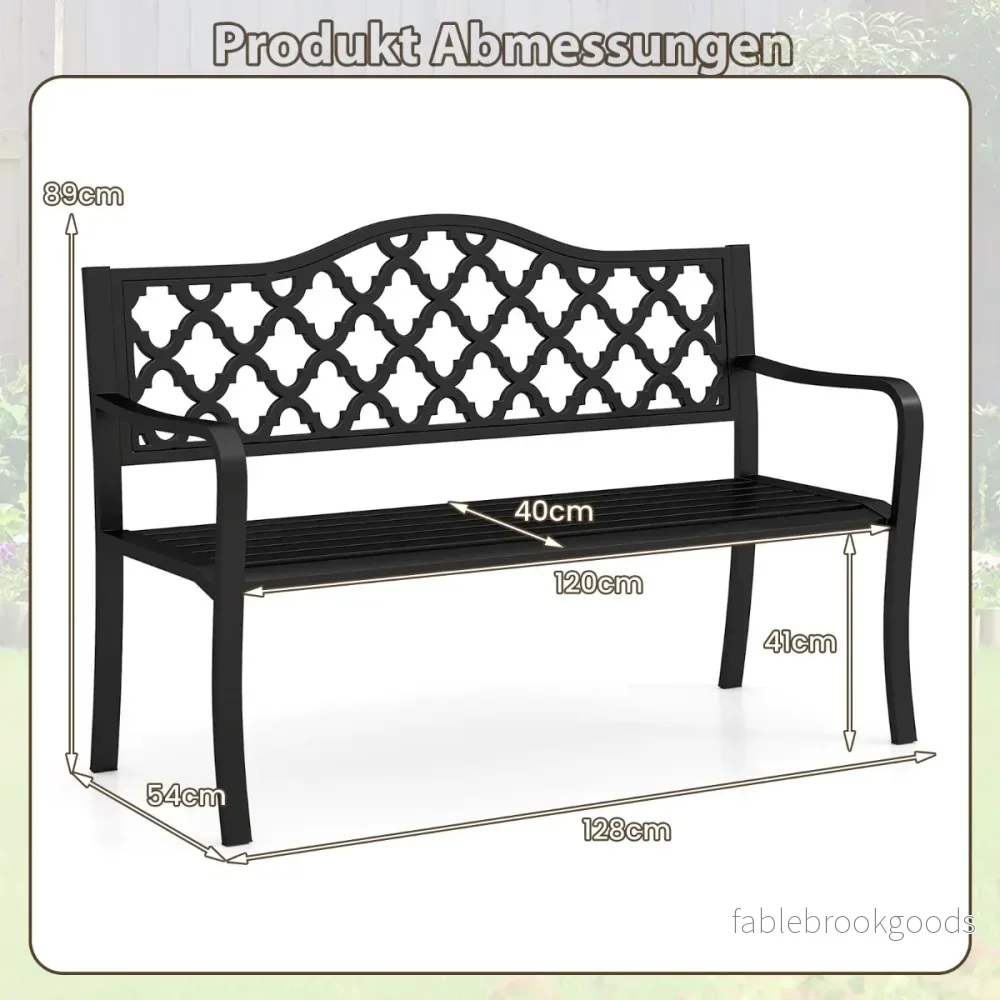 Trädgårdsbänk – Metall väderbeständig sittbänk för personer parkbänk med ryggstöd och armstöd – 2 128 x 54 x 89 cm – Svart - Bild 2