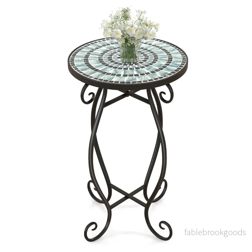 Runt – sidobord mosaikbord av metall och keramik ∅30 x för balkong terrass trädgård – 50 cm – Grå
